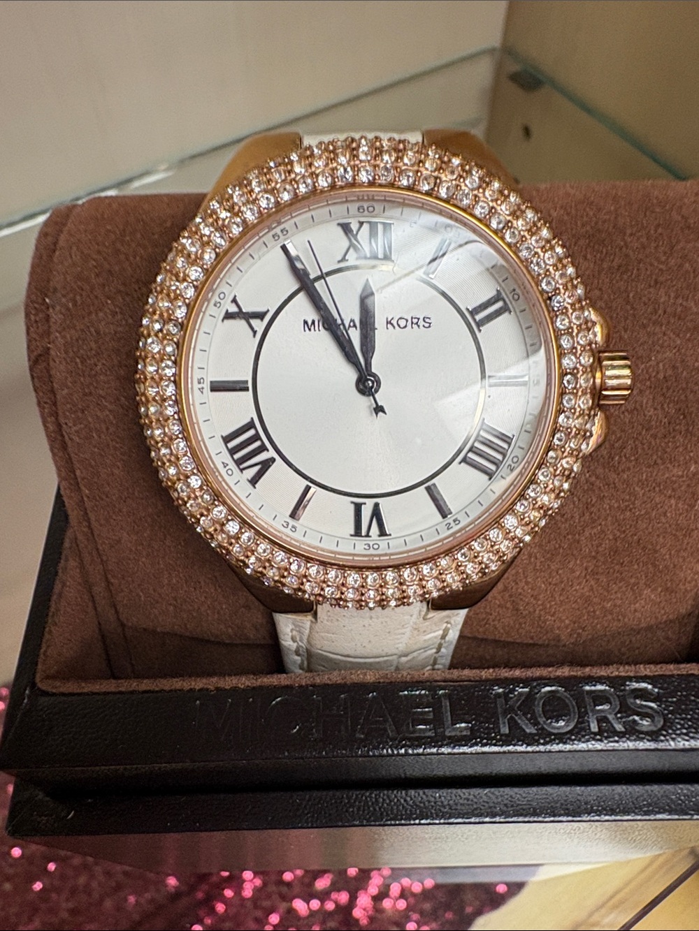 Michael Kors Rose Gold Crystal-Trim Watch with White Dial and Strap